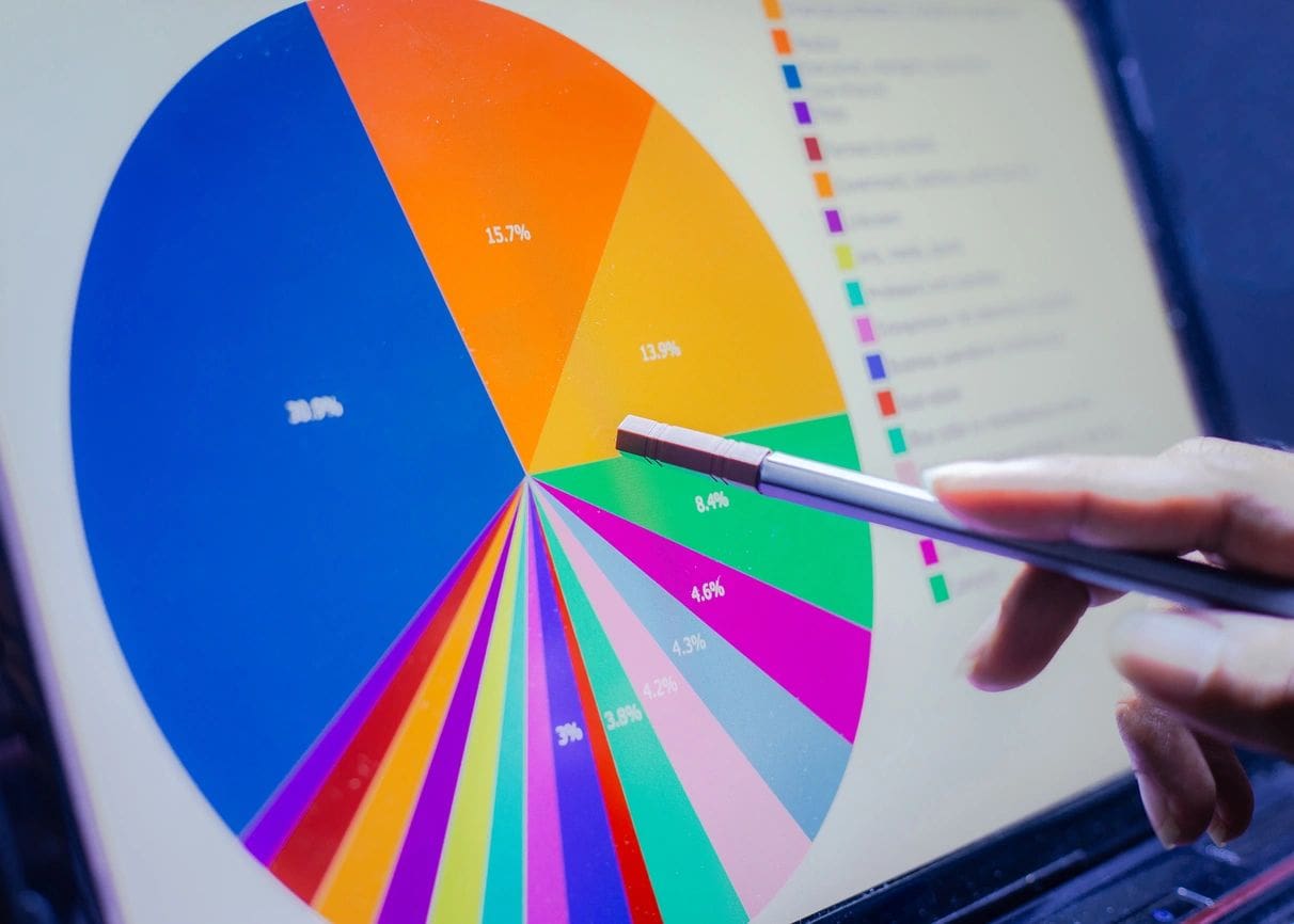 A person points to the bottom of a pie chart.